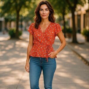 Monteau Short Sleeve Blouse Red Floral Size L V-neck Lightweight Summer